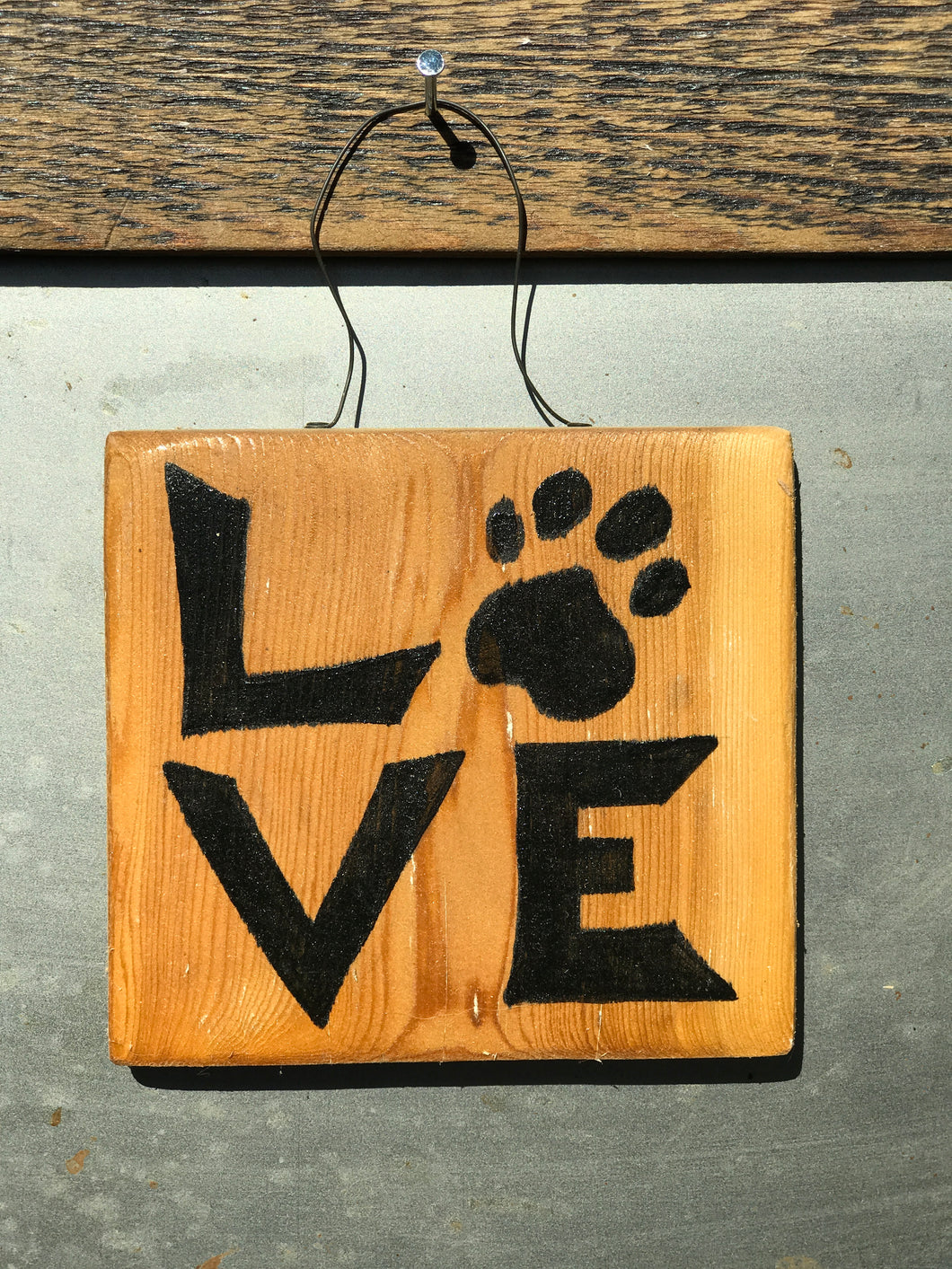 LOVE with paw print / Upcycled Hand-painted Wood Sign