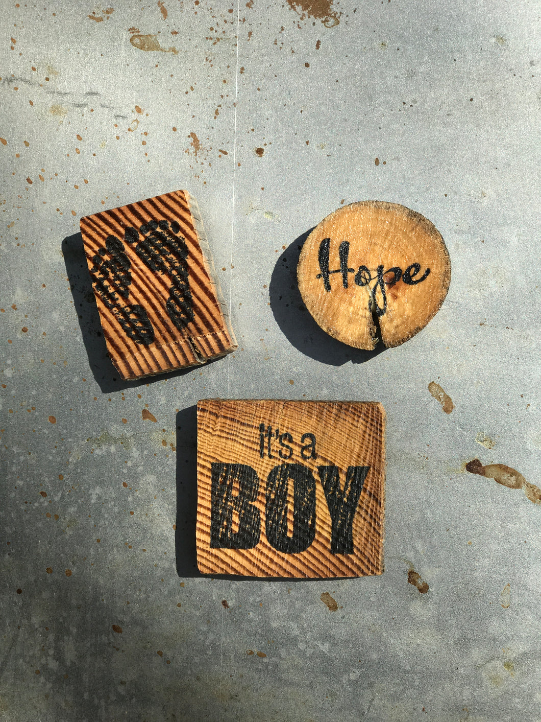 It's A Boy / Baby Feet / Hope (Set of 3) - Upcycled Hand-made Wood Magnets