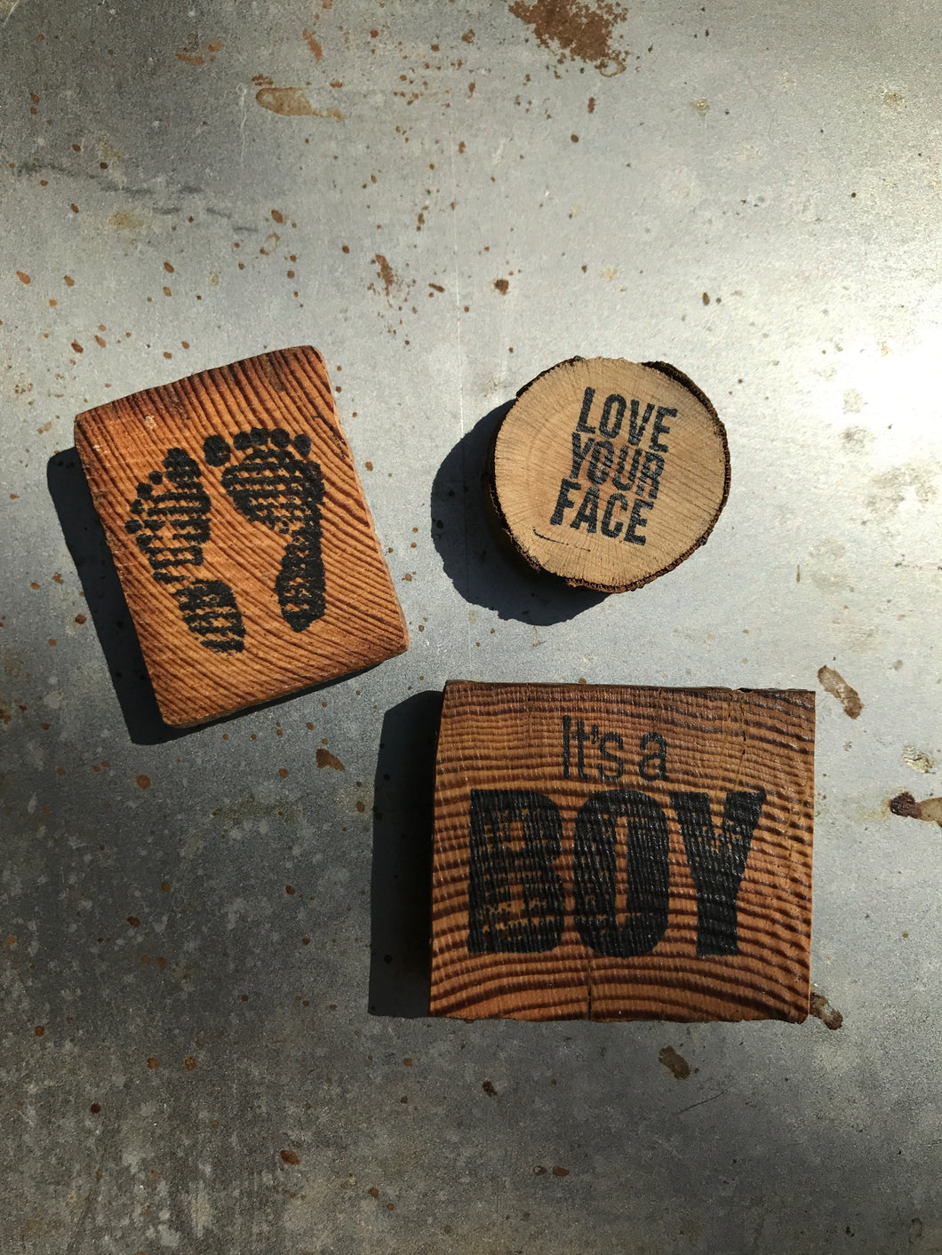 It's A Boy / Love Your Face / Baby Feet (Set of 3) - Upcycled Hand-made Wood Magnets