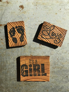 It's A Girl / Baby Feet / Love (Set of 3) - Upcycled Hand-made Wood Magnets