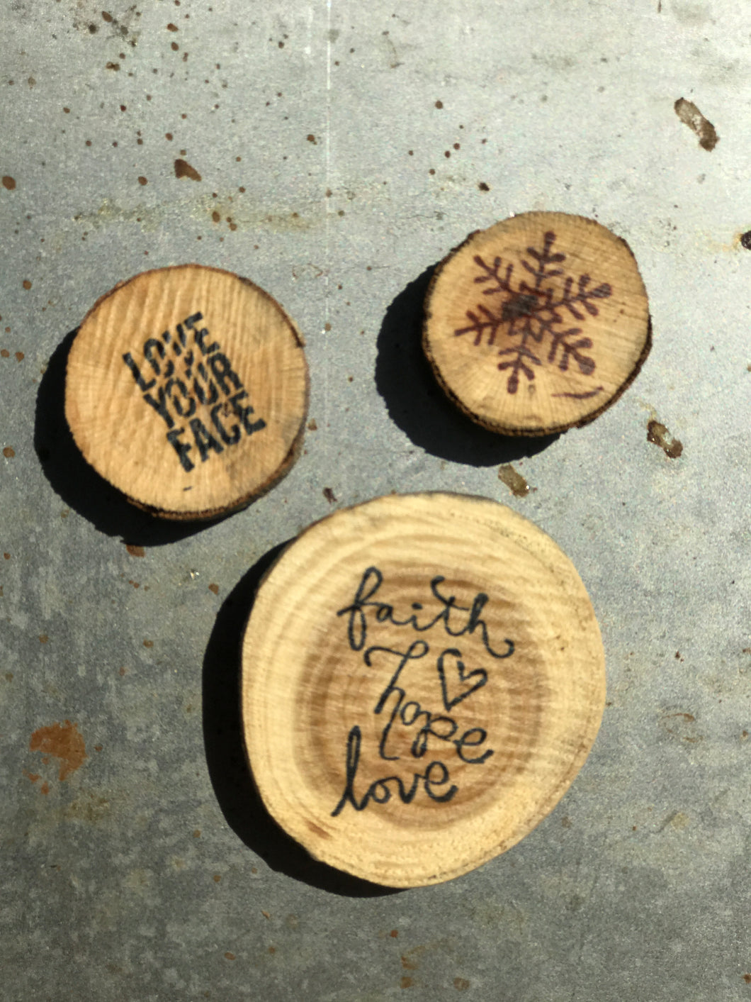 Faith Hope Love / Snowflake / Love Your Face (Set of 3) - Upcycled Hand-made Wood Magnets