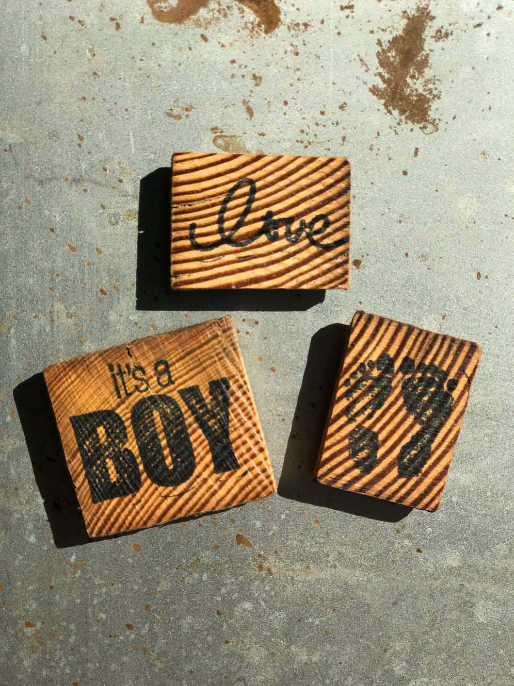 It's A Boy / Love / Baby Feet (Set of 3) - Upcycled Hand-made Wood Magnets