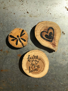 Faith Hope Love / Dragonfly / Heart (Set of 3) - Upcycled Hand-made Wood Magnets