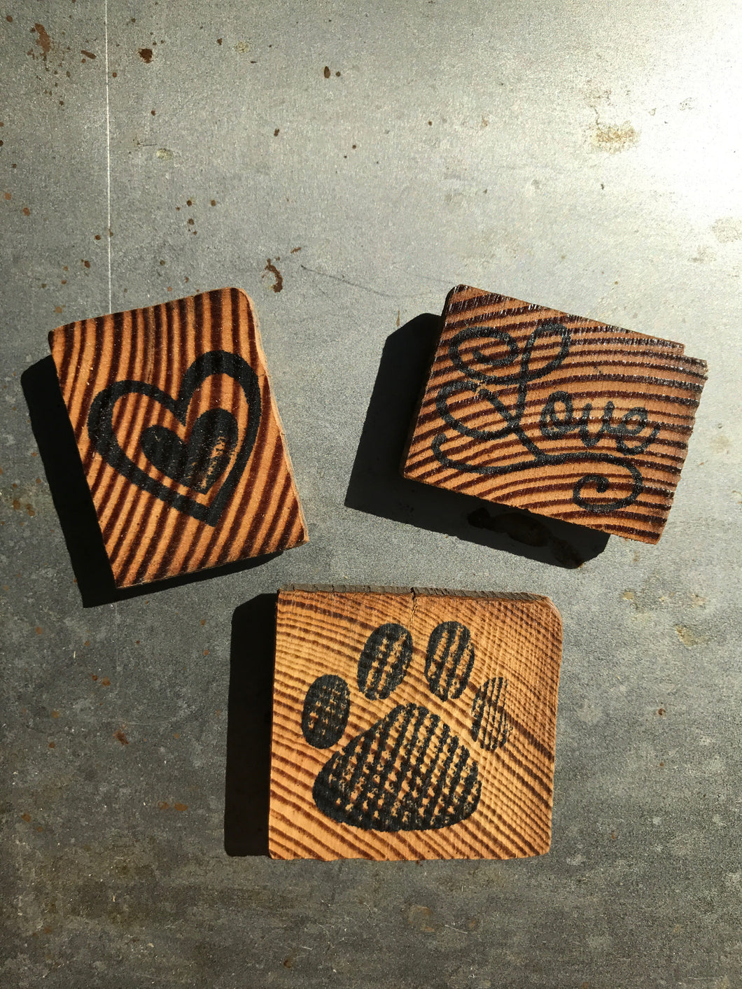 Dog Paw Print / Love / Heart (Set of 3) - Upcycled Hand-made Wood Magnets