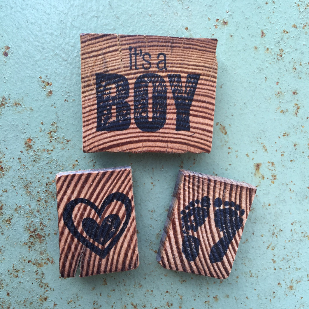 It's A Boy / Heart / Baby Feet (Set of 3) - Upcycled Hand-made Barn Wood Magnets