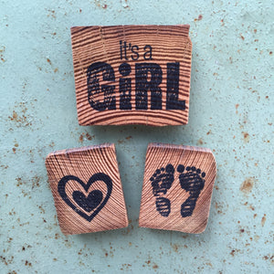 It's A Girl / Heart / Baby Feet (Set of 3) - Upcycled Hand-made Barn Wood Magnets