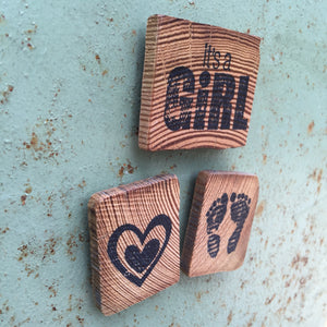 It's A Girl / Heart / Baby Feet (Set of 3) - Upcycled Hand-made Barn Wood Magnets