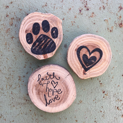 Faith Hope Love / Dog Paw Print / Heart (Set of 3) - Upcycled Hand-made Wood Magnets